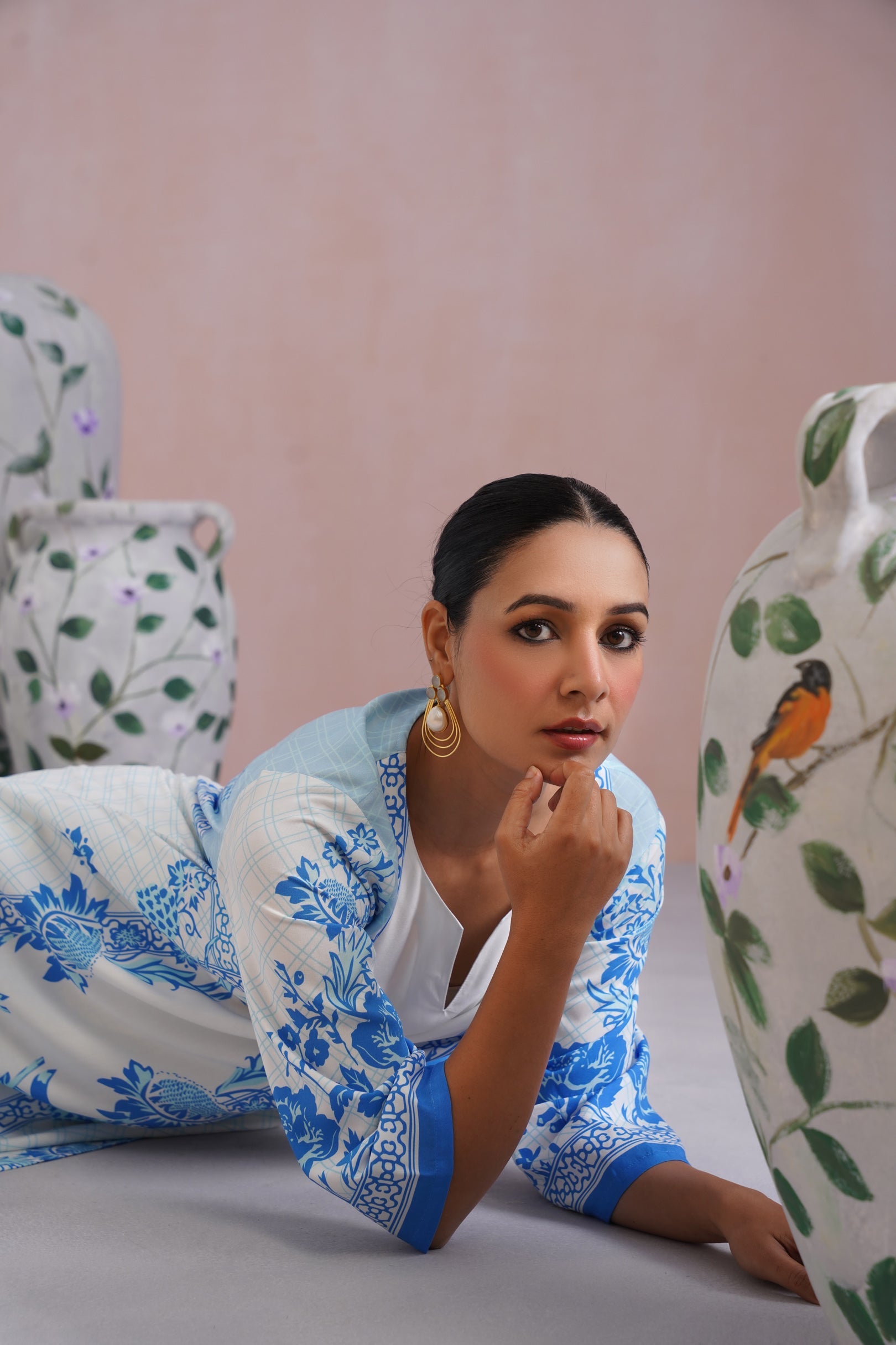 Blue & White Floral Digital Placement Printed Kurta Set Korah Stitch