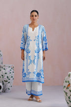Blue & White Floral Digital Placement Printed Kurta Set Korah Stitch