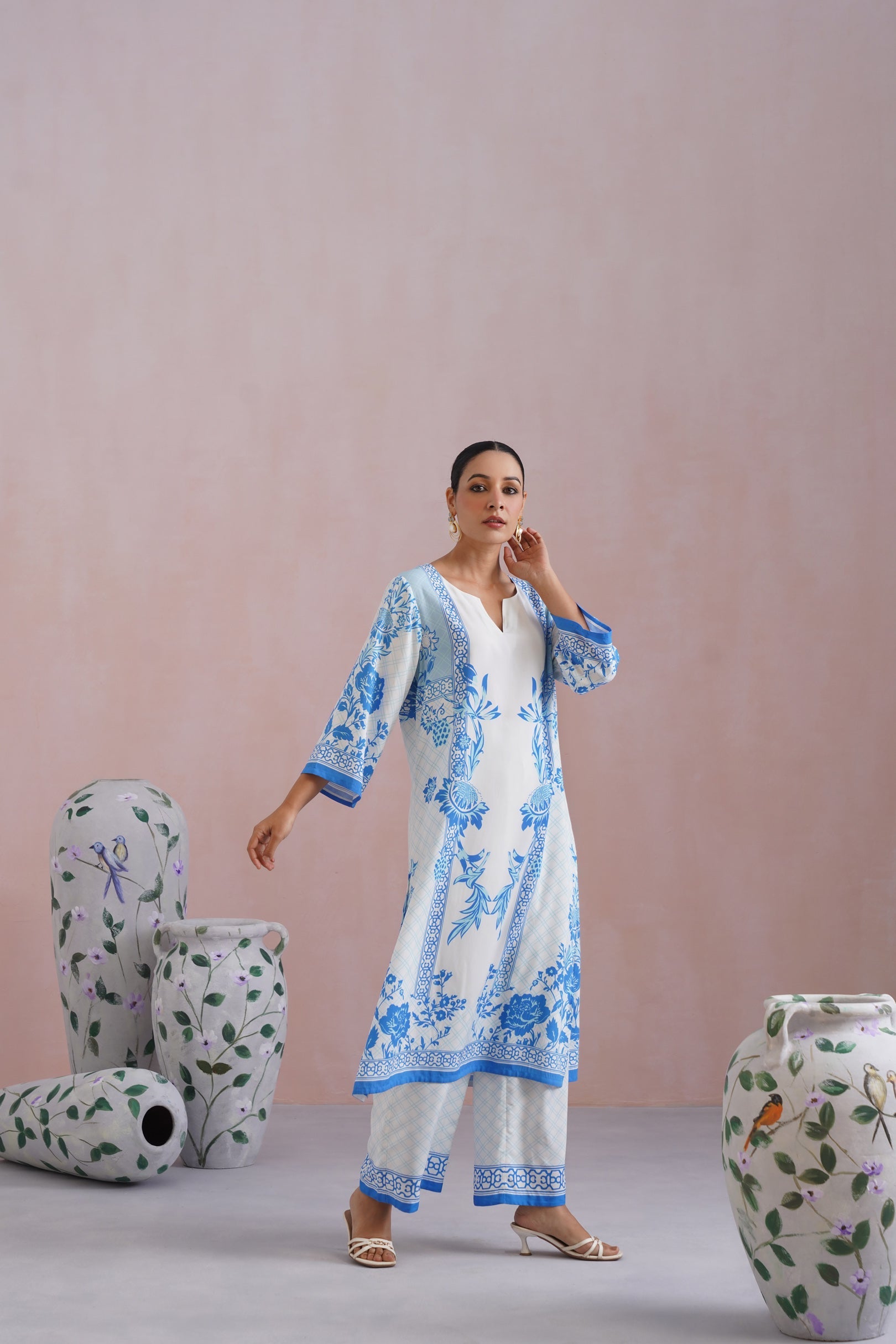 Blue & White Floral Digital Placement Printed Kurta Set Korah Stitch