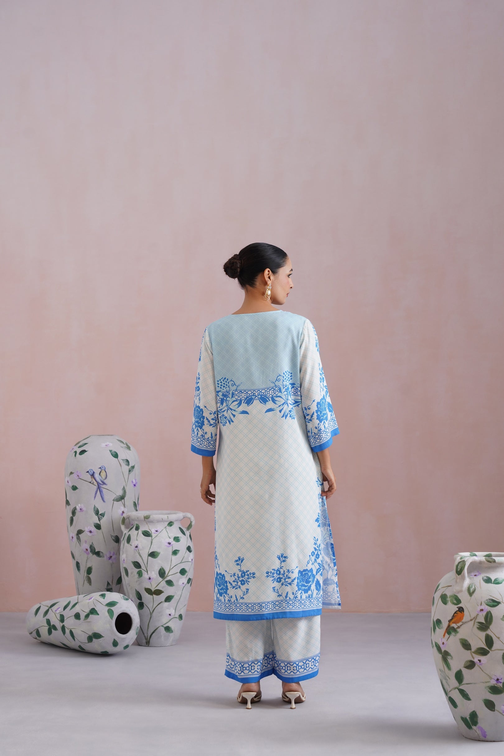 Blue & White Floral Digital Placement Printed Kurta Set Korah Stitch