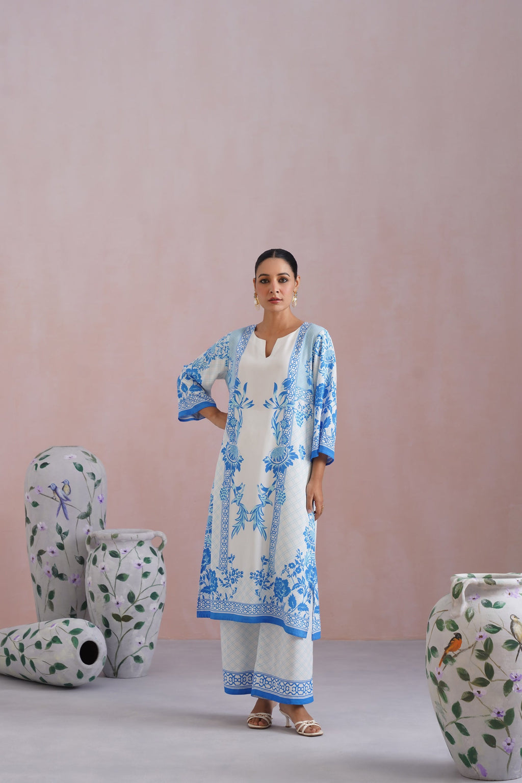 Blue & White Floral Digital Placement Printed Kurta Set Korah Stitch
