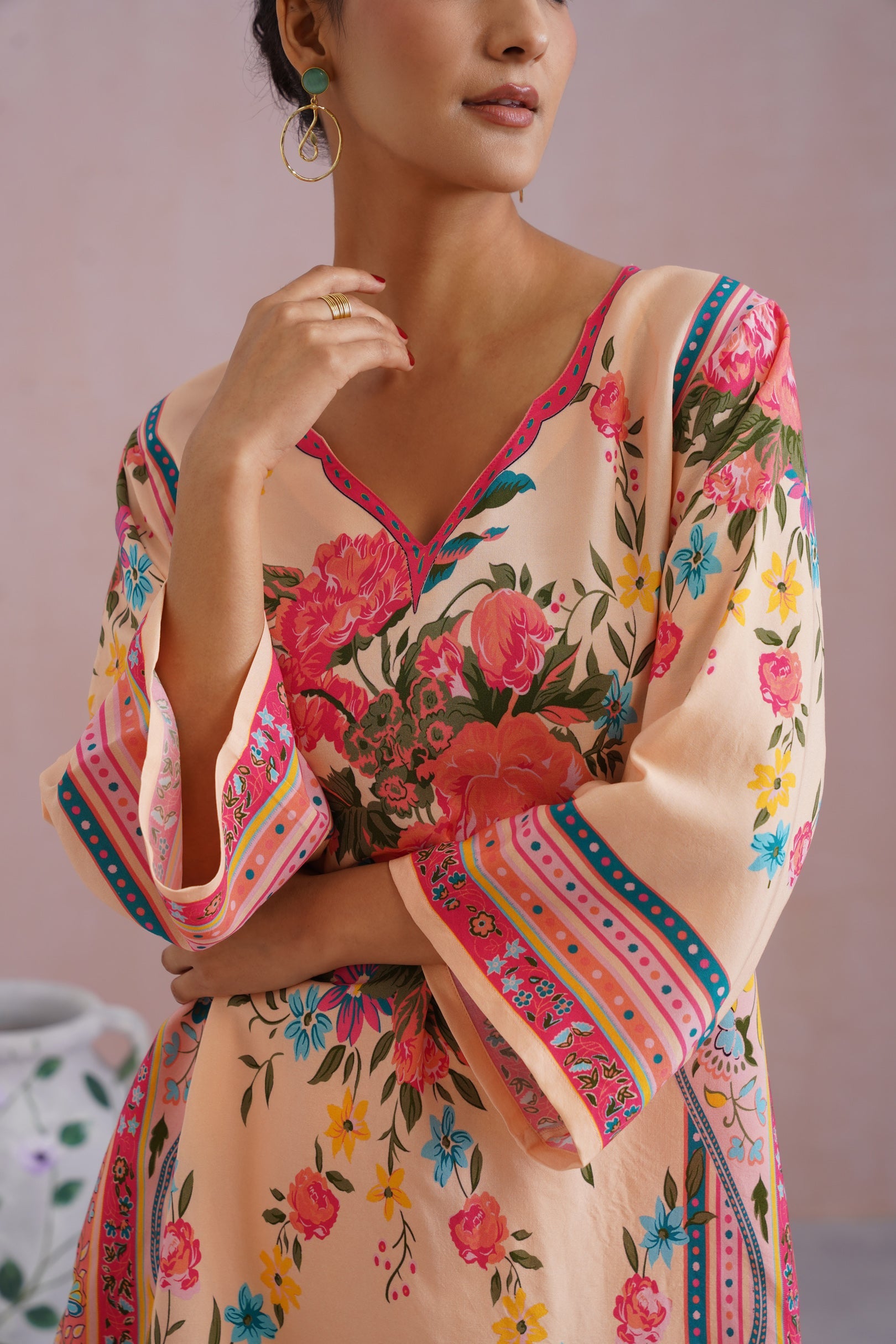 Blush Beige Floral Digital Placement Printed Kurta Set Korah Stitch