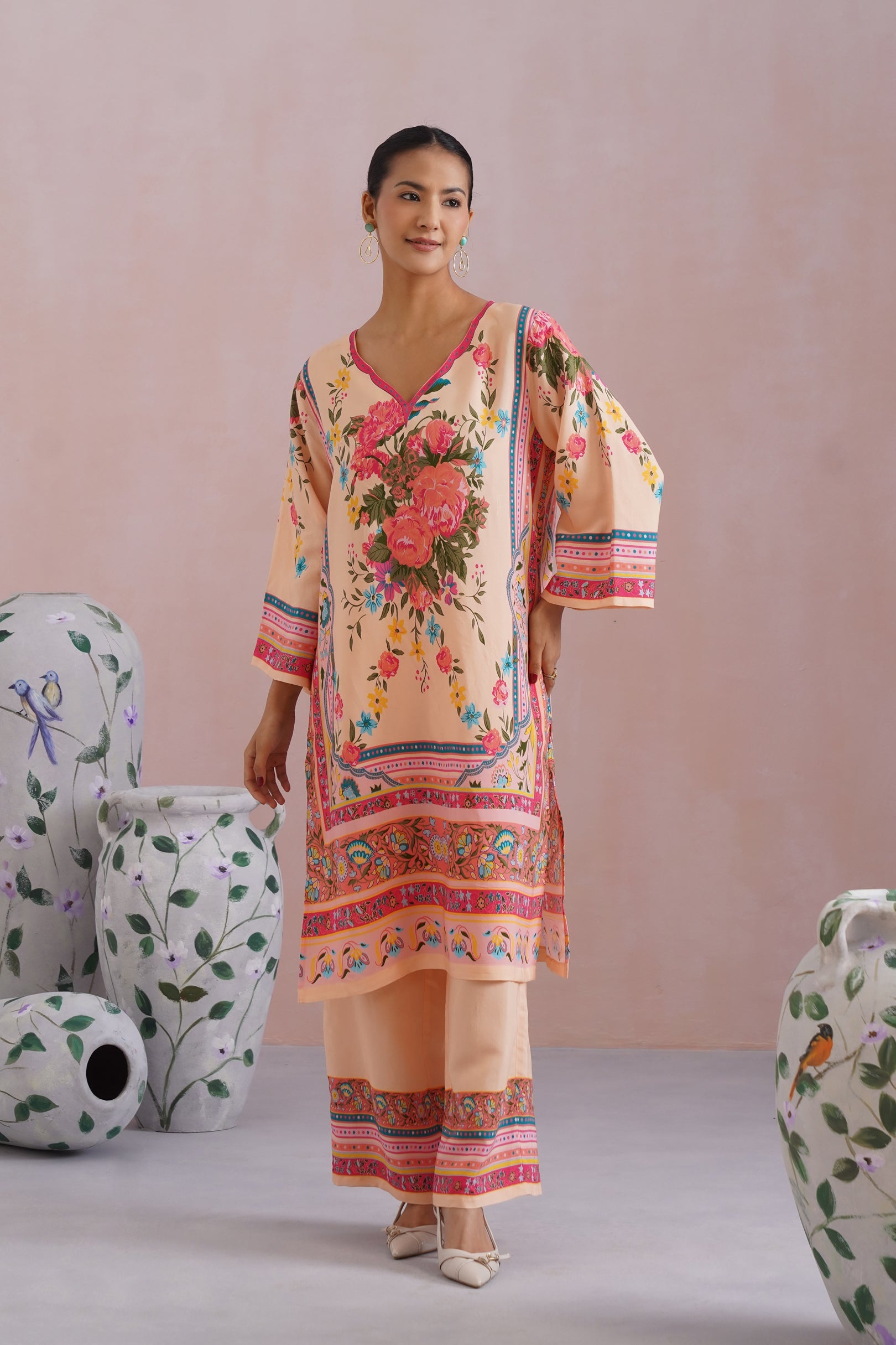 Blush Beige Floral Digital Placement Printed Kurta Set Korah Stitch