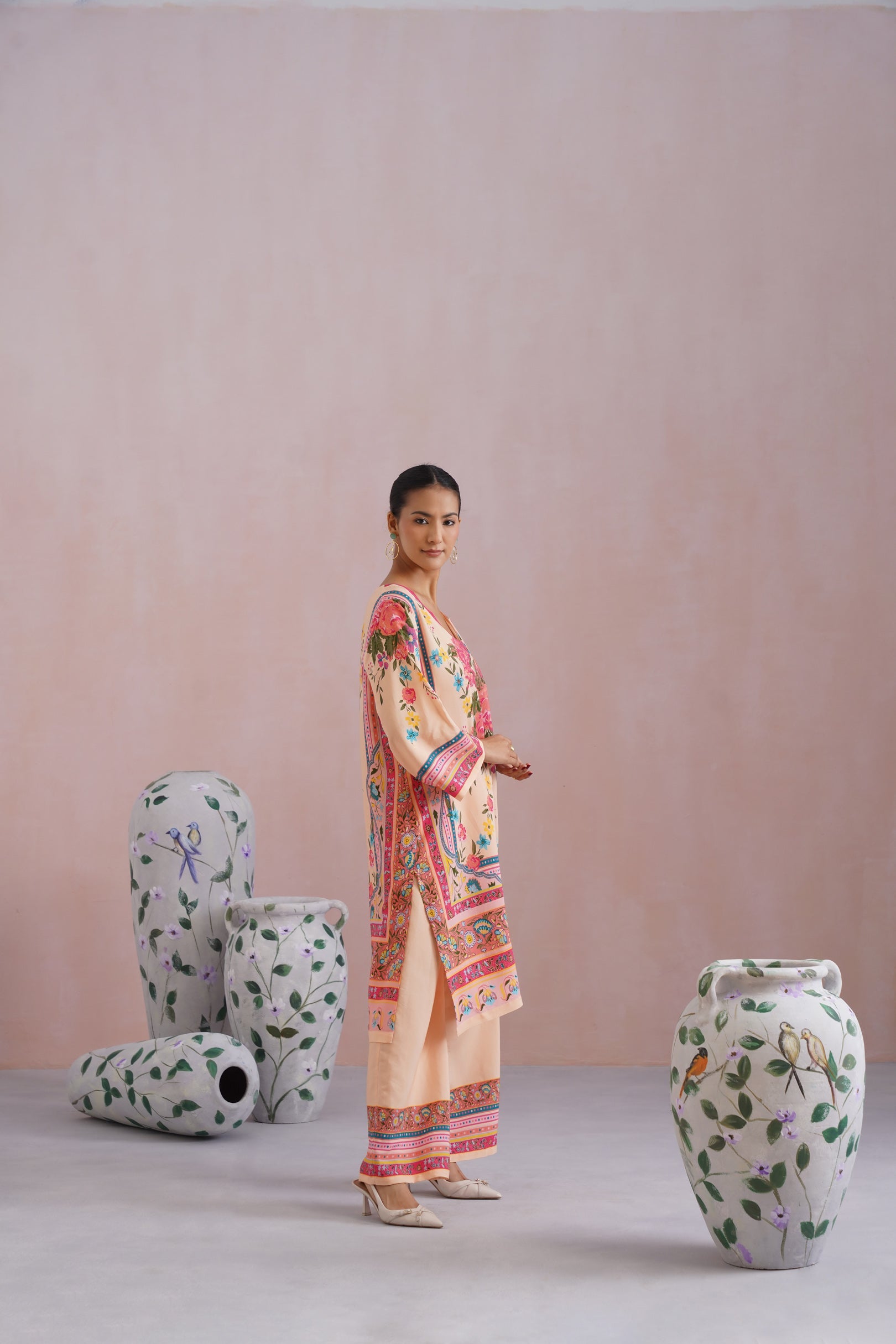 Blush Beige Floral Digital Placement Printed Kurta Set Korah Stitch