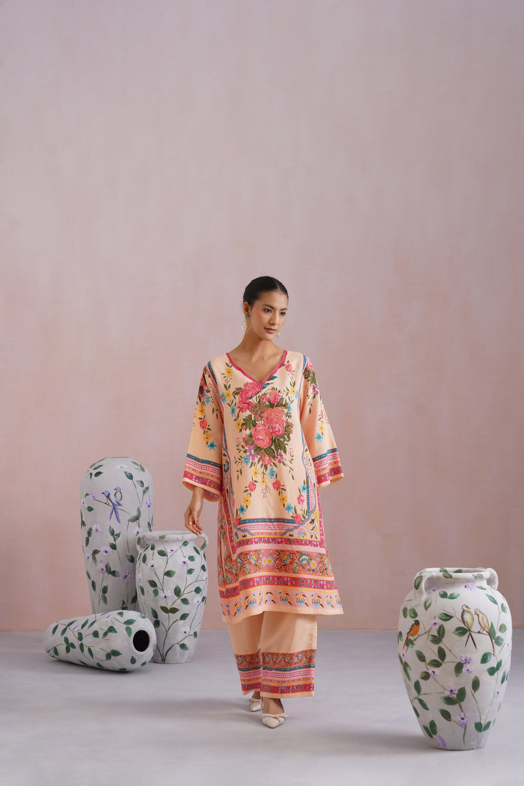 Blush Beige Floral Digital Placement Printed Kurta Set Korah Stitch