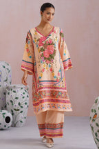 Blush Beige Floral Digital Placement Printed Kurta Set Korah Stitch