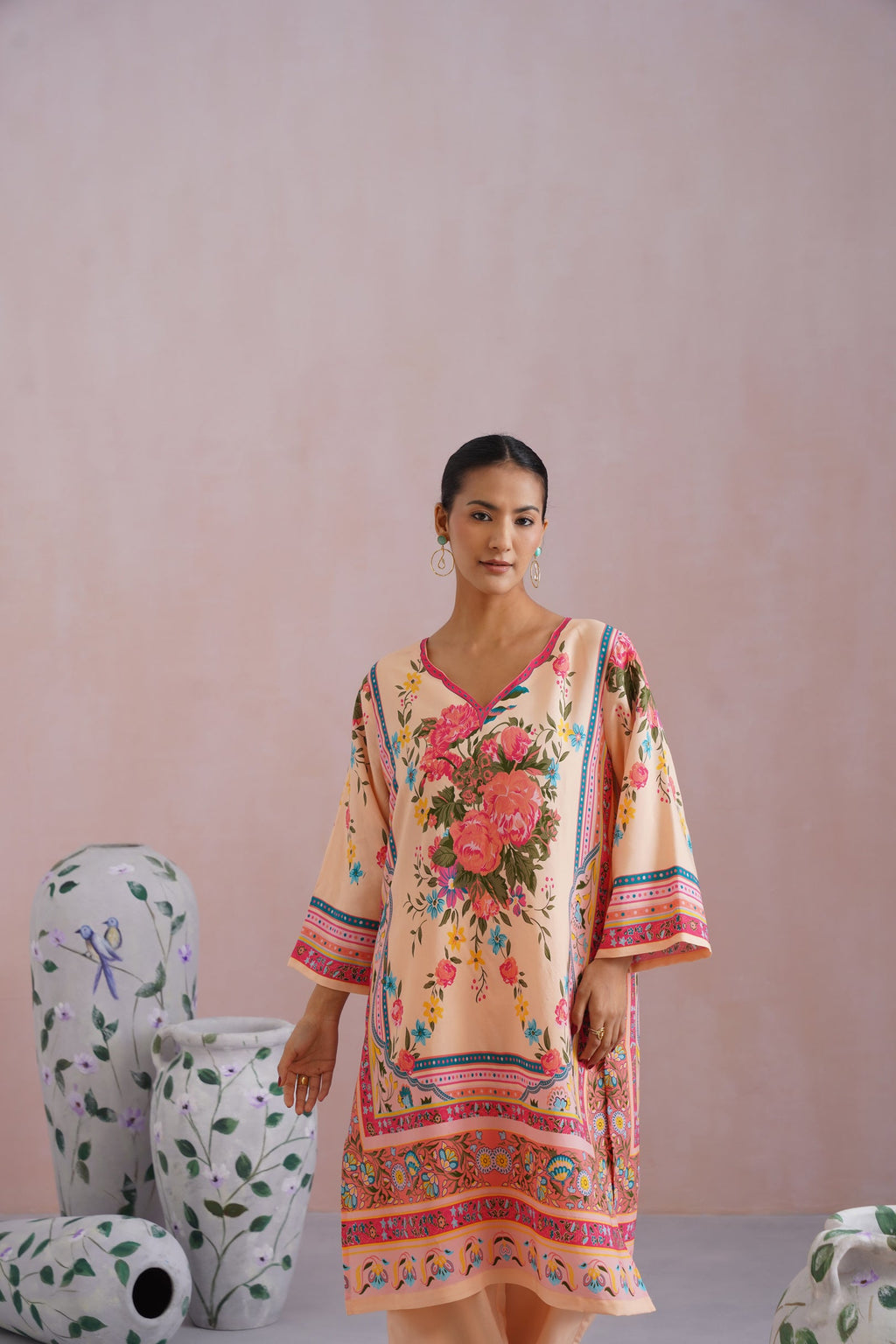 Blush Beige Floral Digital Placement Printed Kurta Set Korah Stitch