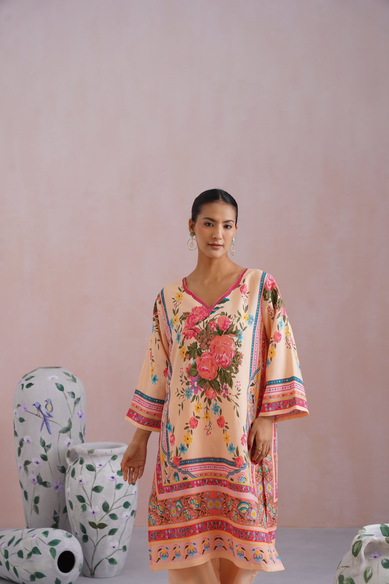 Blush Beige Floral Digital Placement Printed Kurta Set Korah Stitch