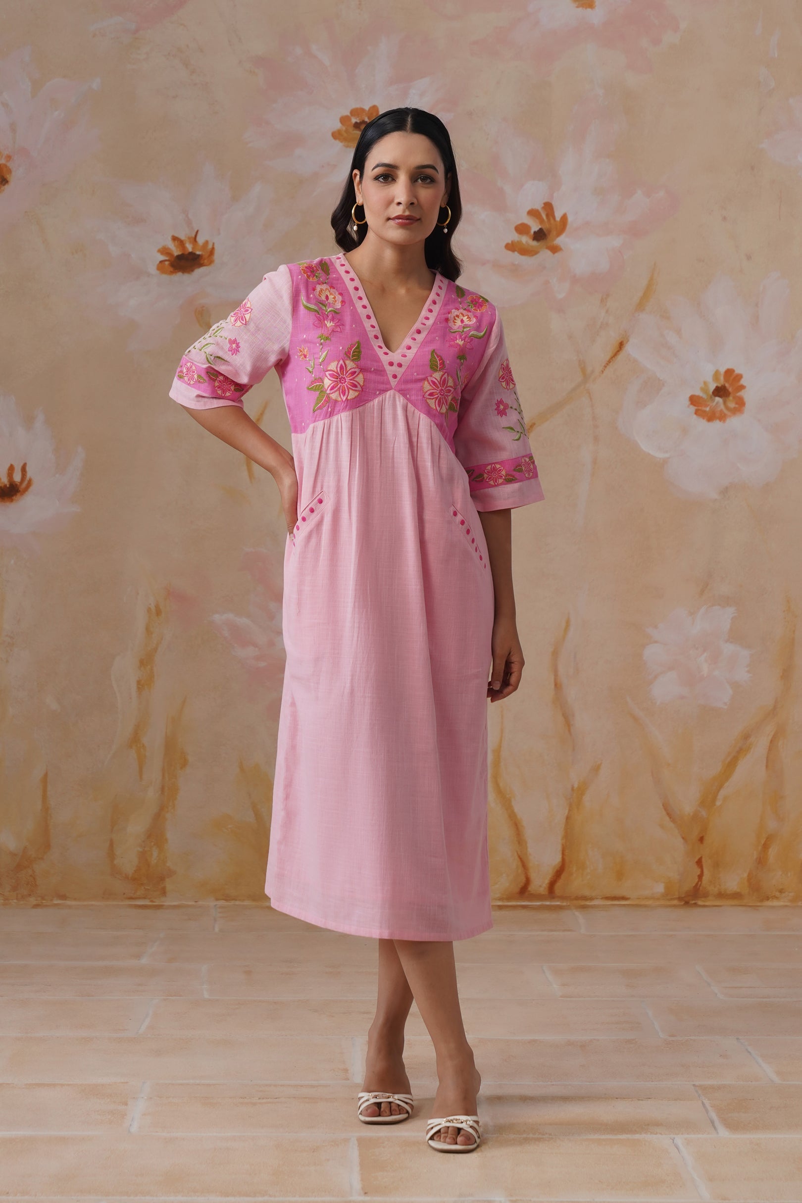 Blush Pink Floral Embroidered Midi Dress Korah Stitch