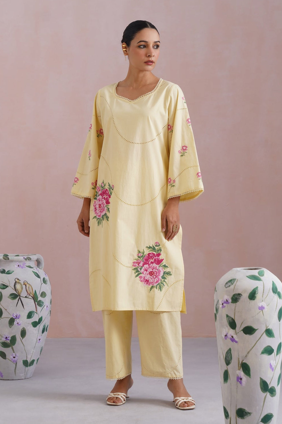 Butter Yellow Broderie Kurta-Set with Cross Stitch Embroidery - Korah Stitch