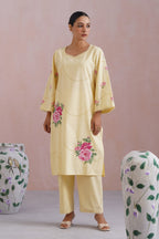 Butter Yellow Broderie Kurta-Set with Cross Stitch Embroidery - Korah Stitch