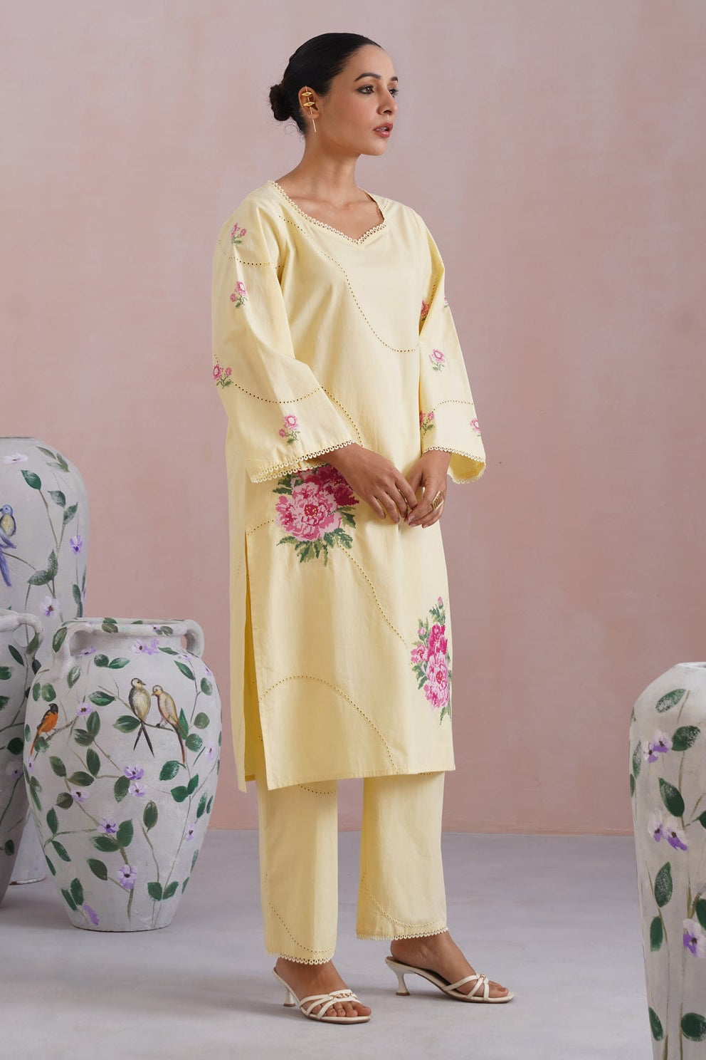 Butter Yellow Broderie Kurta-Set with Cross Stitch Embroidery - Korah Stitch