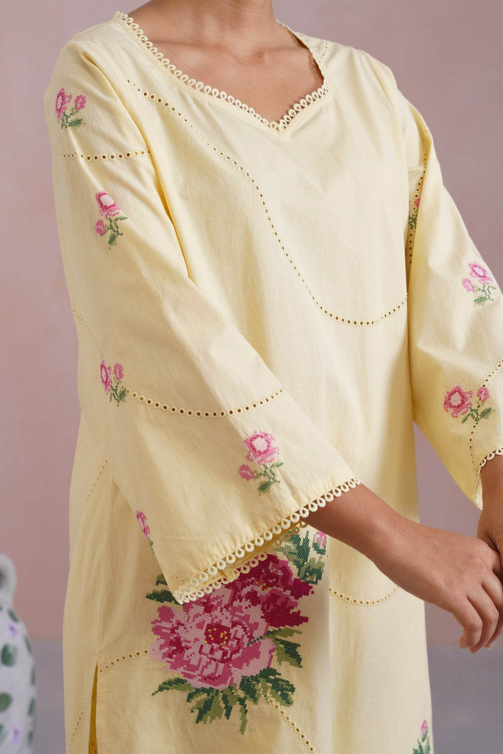 Butter Yellow Broderie Kurta-Set with Cross Stitch Embroidery - Korah Stitch