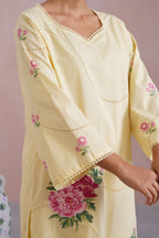 Butter Yellow Broderie Kurta-Set with Cross Stitch Embroidery - Korah Stitch