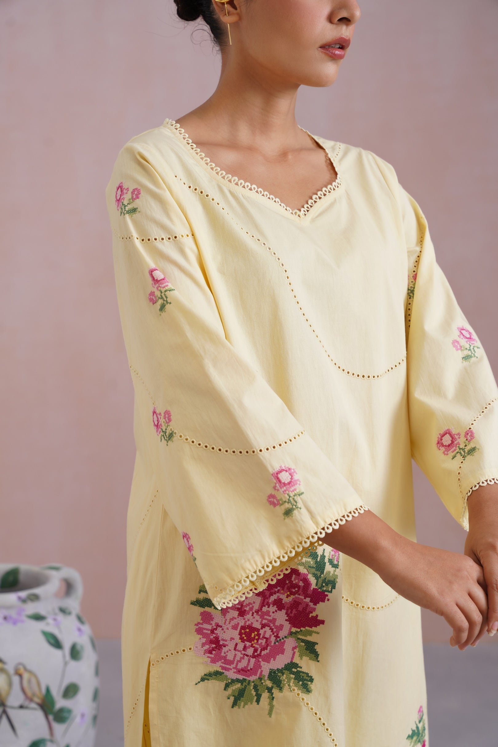 Butter Yellow Broderie Kurta-Set with Cross Stitch Embroidery - Korah Stitch