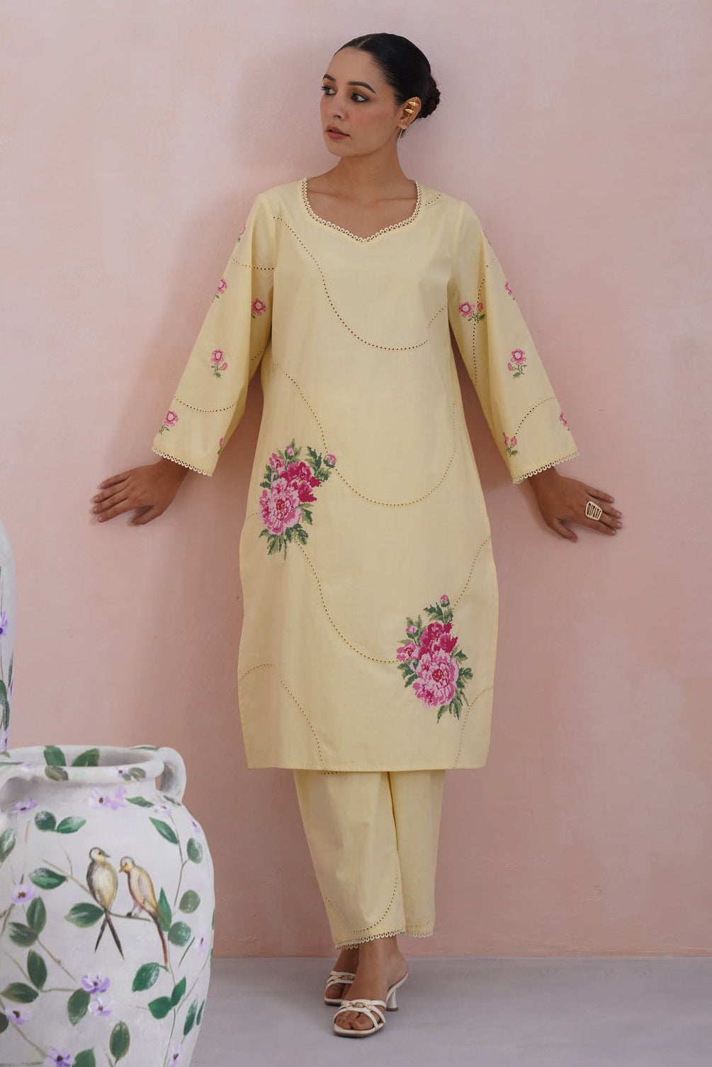 Butter Yellow Broderie Kurta-Set with Cross Stitch Embroidery - Korah Stitch
