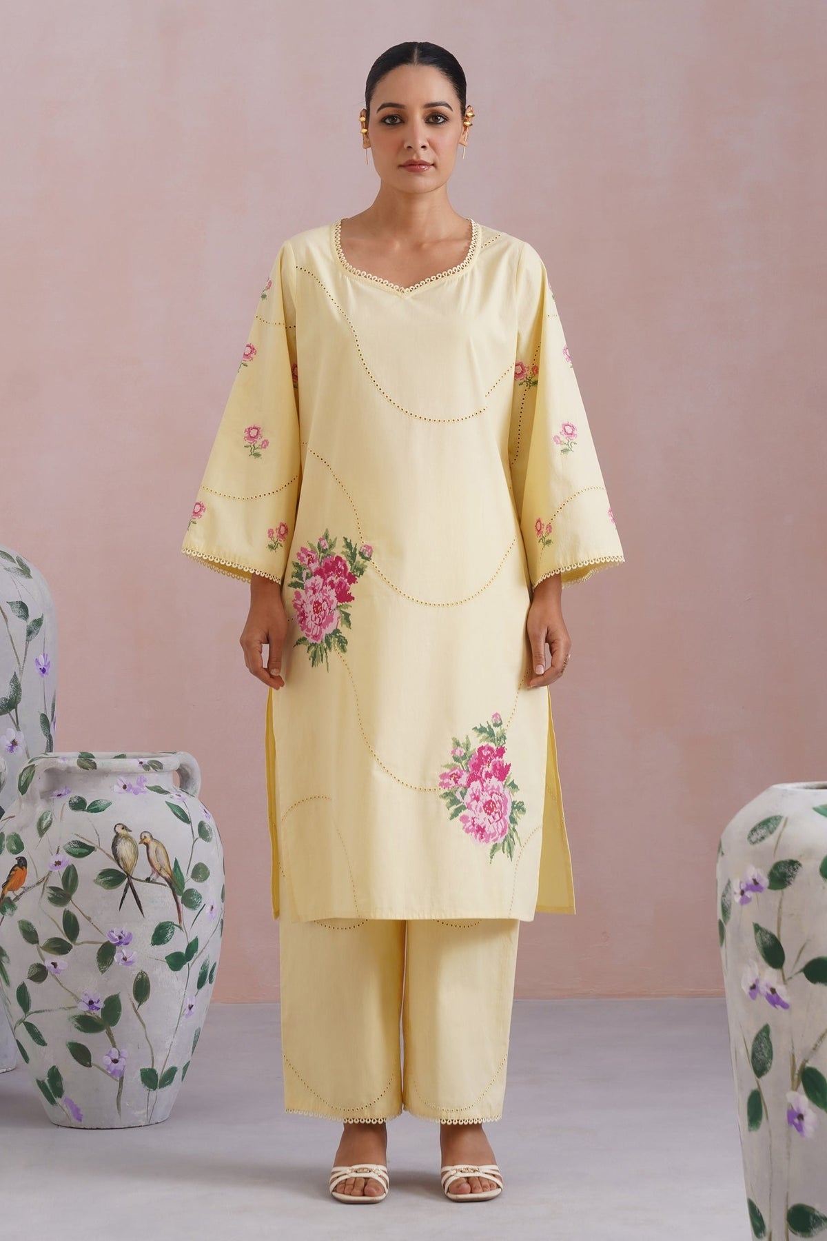 Butter Yellow Broderie Kurta-Set with Cross Stitch Embroidery - Korah Stitch
