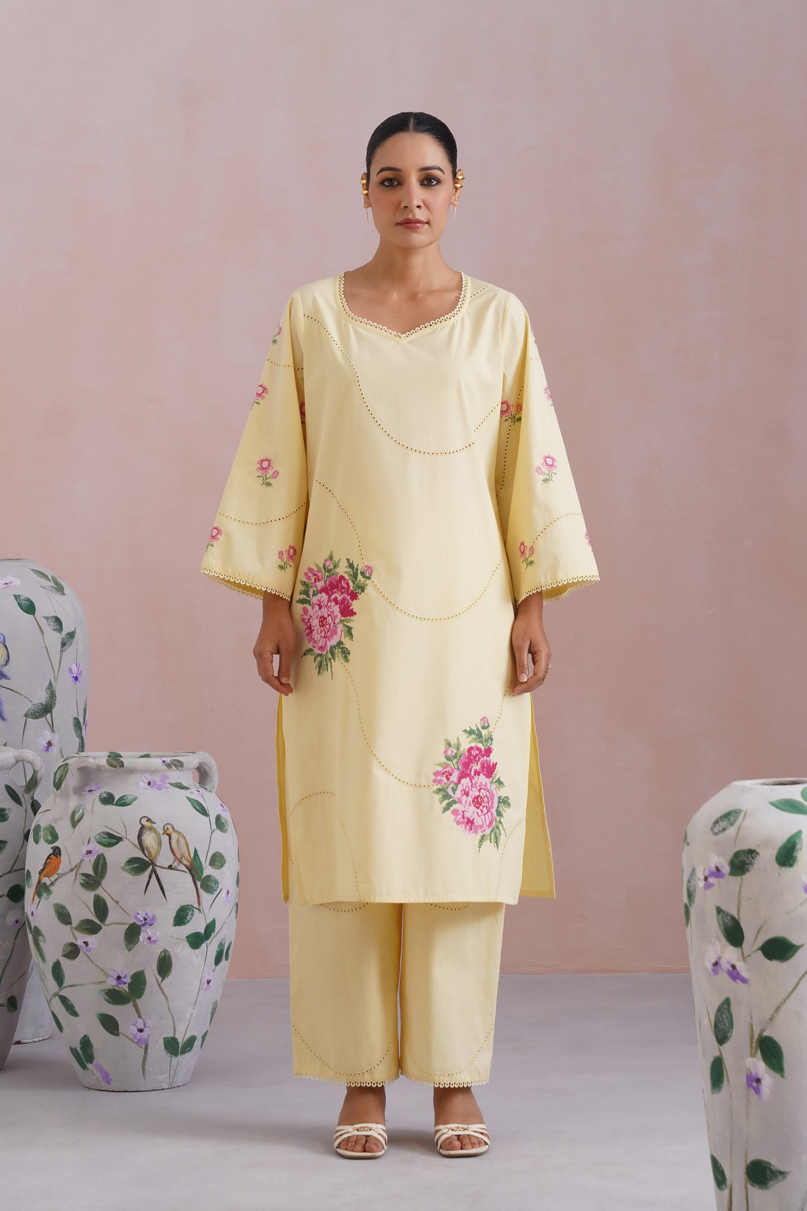Butter Yellow Broderie Kurta-Set with Cross Stitch Embroidery - Korah Stitch