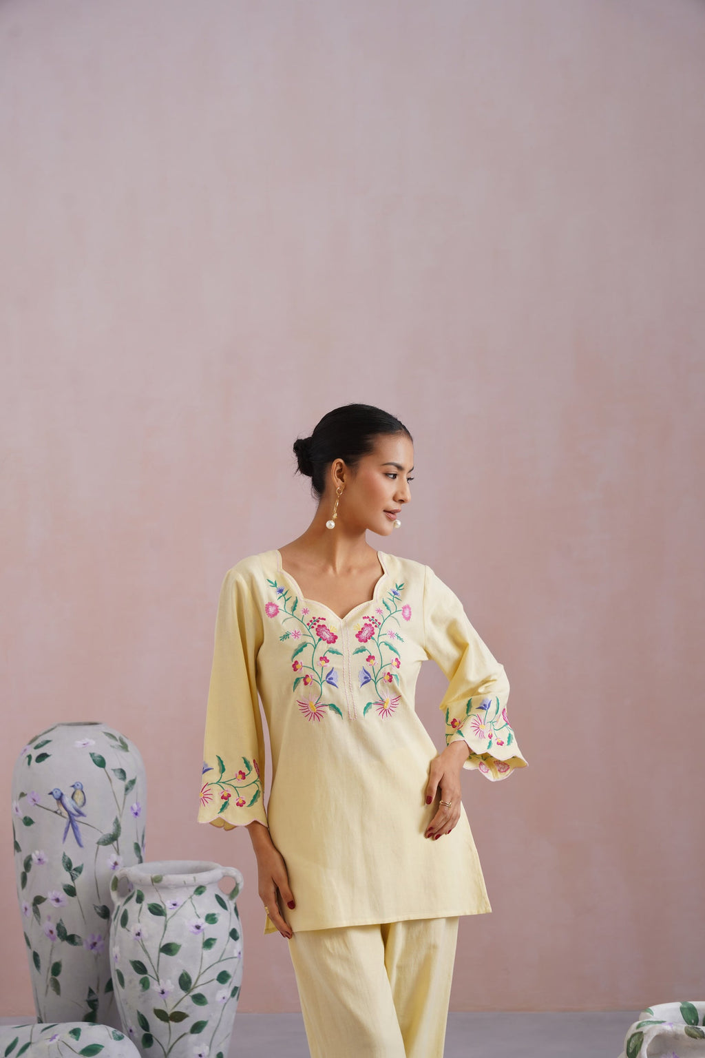 Butter Yellow Linen Blend Embroidered Co-Ord Set Korah Stitch