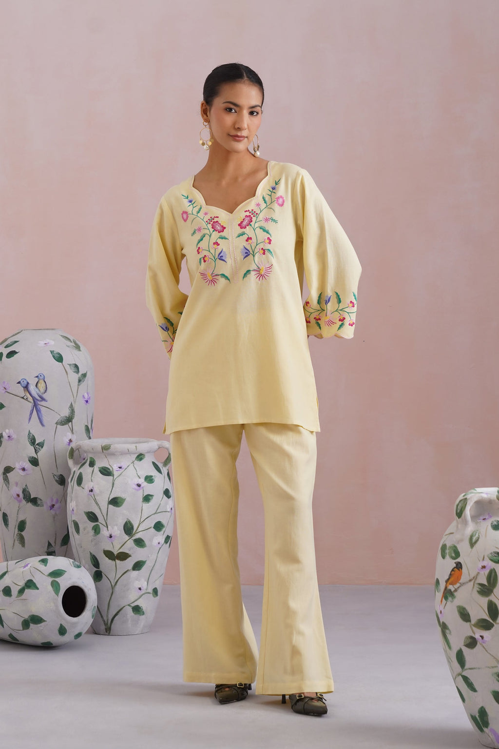 Butter Yellow Linen Blend Embroidered Co-Ord Set Korah Stitch
