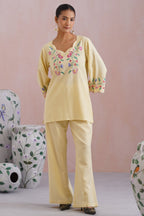 Butter Yellow Linen Blend Embroidered Co-Ord Set Korah Stitch