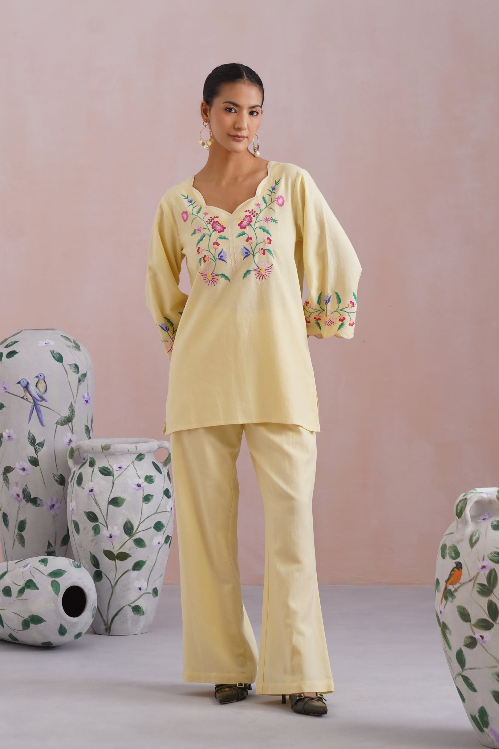 Butter Yellow Linen Blend Embroidered Co-Ord Set Korah Stitch