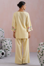 Butter Yellow Linen Blend Embroidered Co-Ord Set Korah Stitch