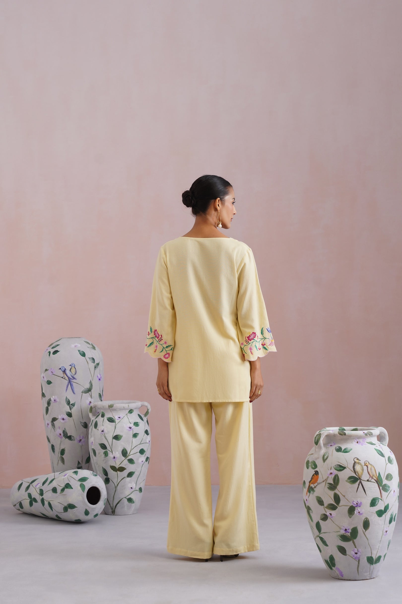 Butter Yellow Linen Blend Embroidered Co-Ord Set Korah Stitch