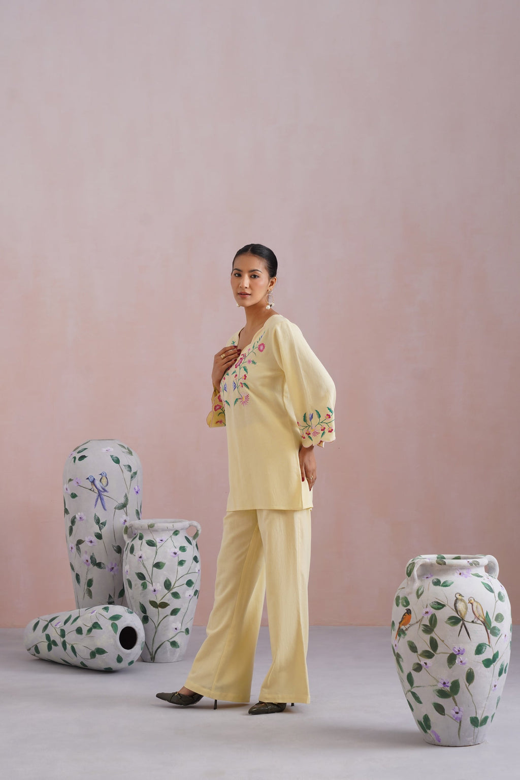 Butter Yellow Linen Blend Embroidered Co-Ord Set Korah Stitch