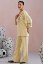 Butter Yellow Linen Blend Embroidered Co-Ord Set Korah Stitch