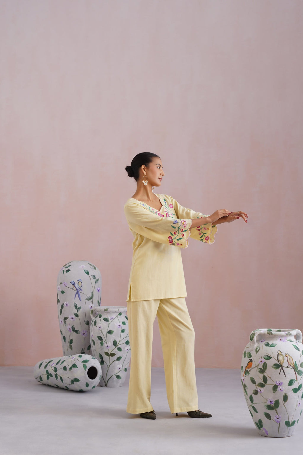 Butter Yellow Linen Blend Embroidered Co-Ord Set Korah Stitch