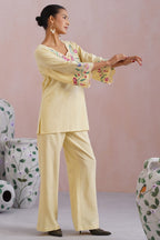 Butter Yellow Linen Blend Embroidered Co-Ord Set Korah Stitch