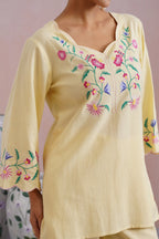 Butter Yellow Linen Blend Embroidered Co-Ord Set Korah Stitch