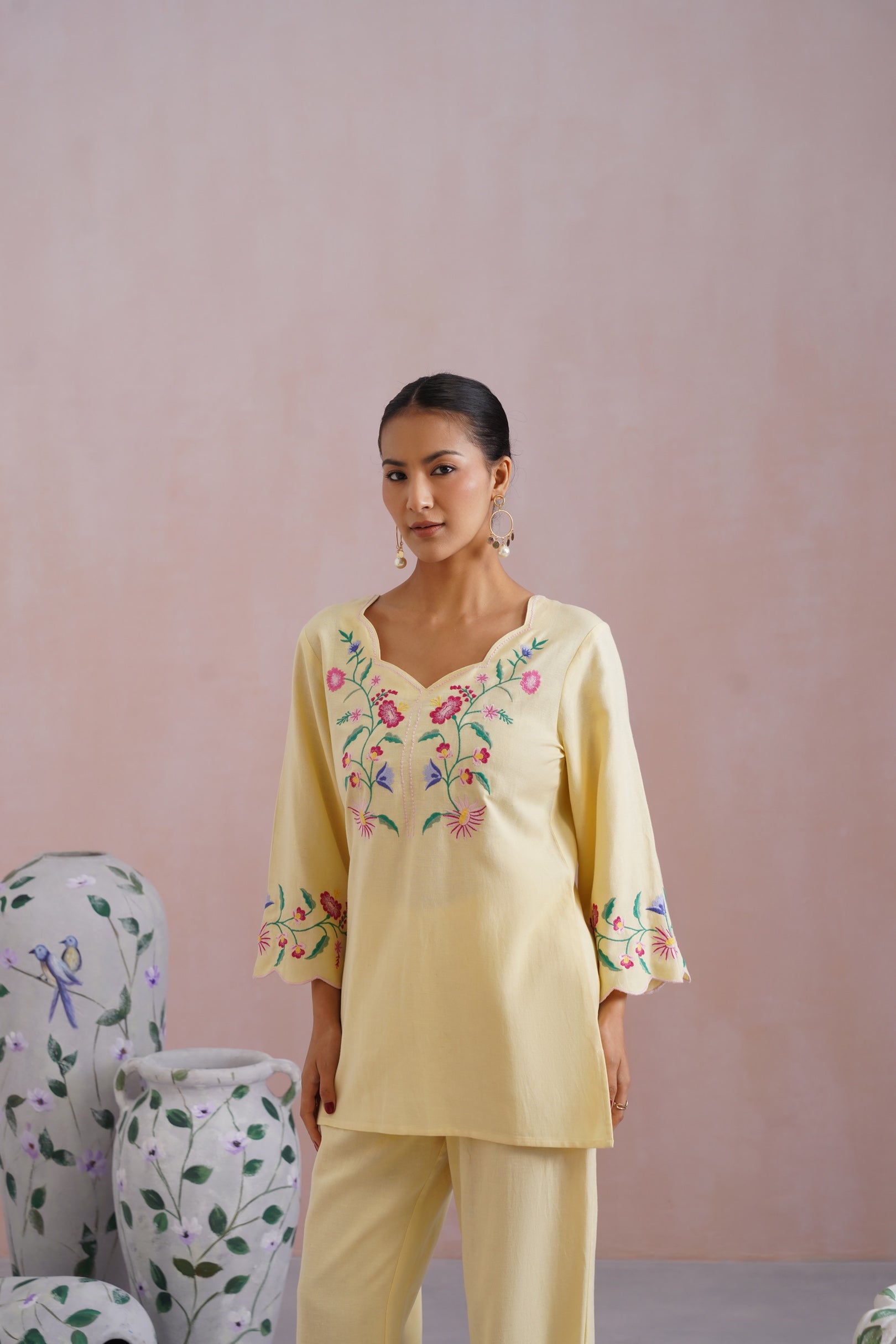 Butter Yellow Linen Blend Embroidered Co-Ord Set Korah Stitch
