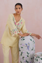 Butter Yellow Linen Blend Embroidered Co-Ord Set Korah Stitch