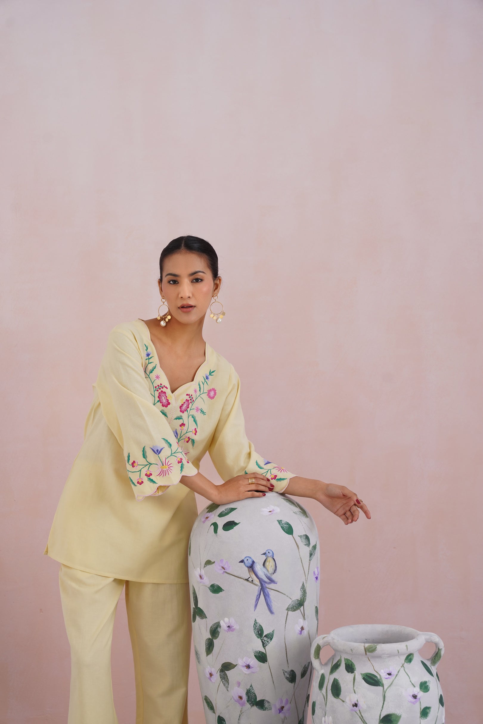 Butter Yellow Linen Blend Embroidered Co-Ord Set Korah Stitch