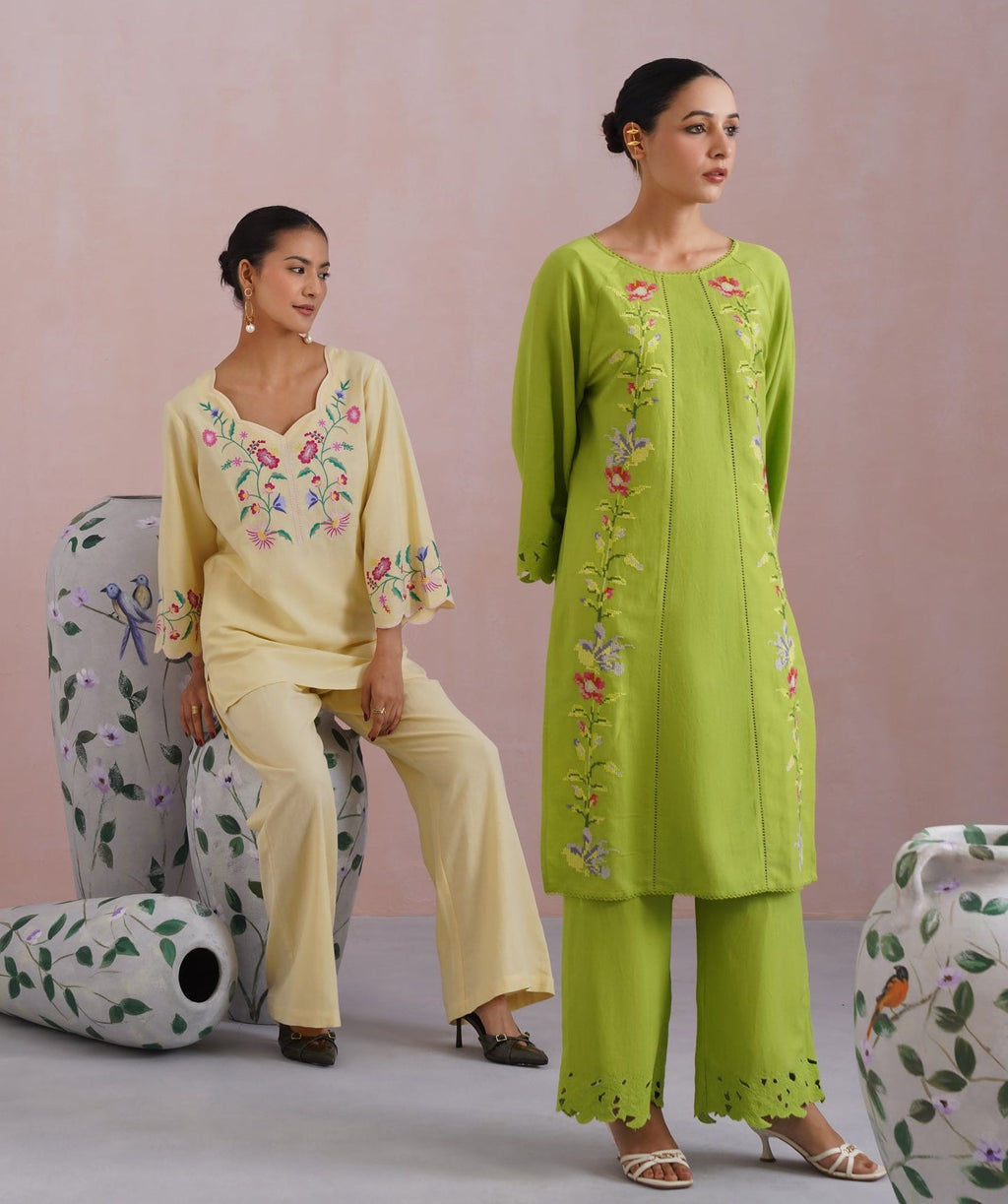 Butter Yellow Linen Blend Embroidered Co-Ord Set Korah Stitch