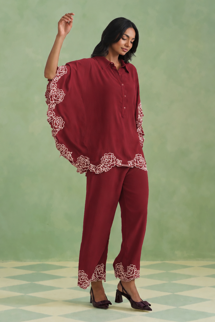 Mulberry Wine Bloom Kaftaan Co-ord Set