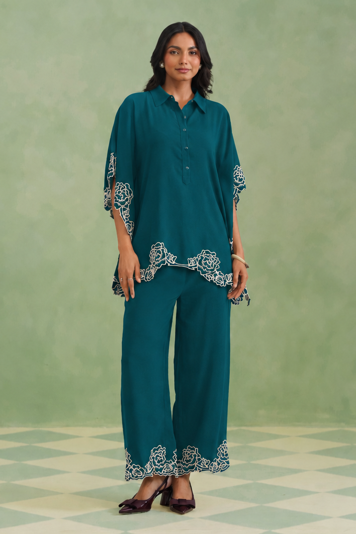 Peacock Teal Bloom Kaftaan Co-ord Set