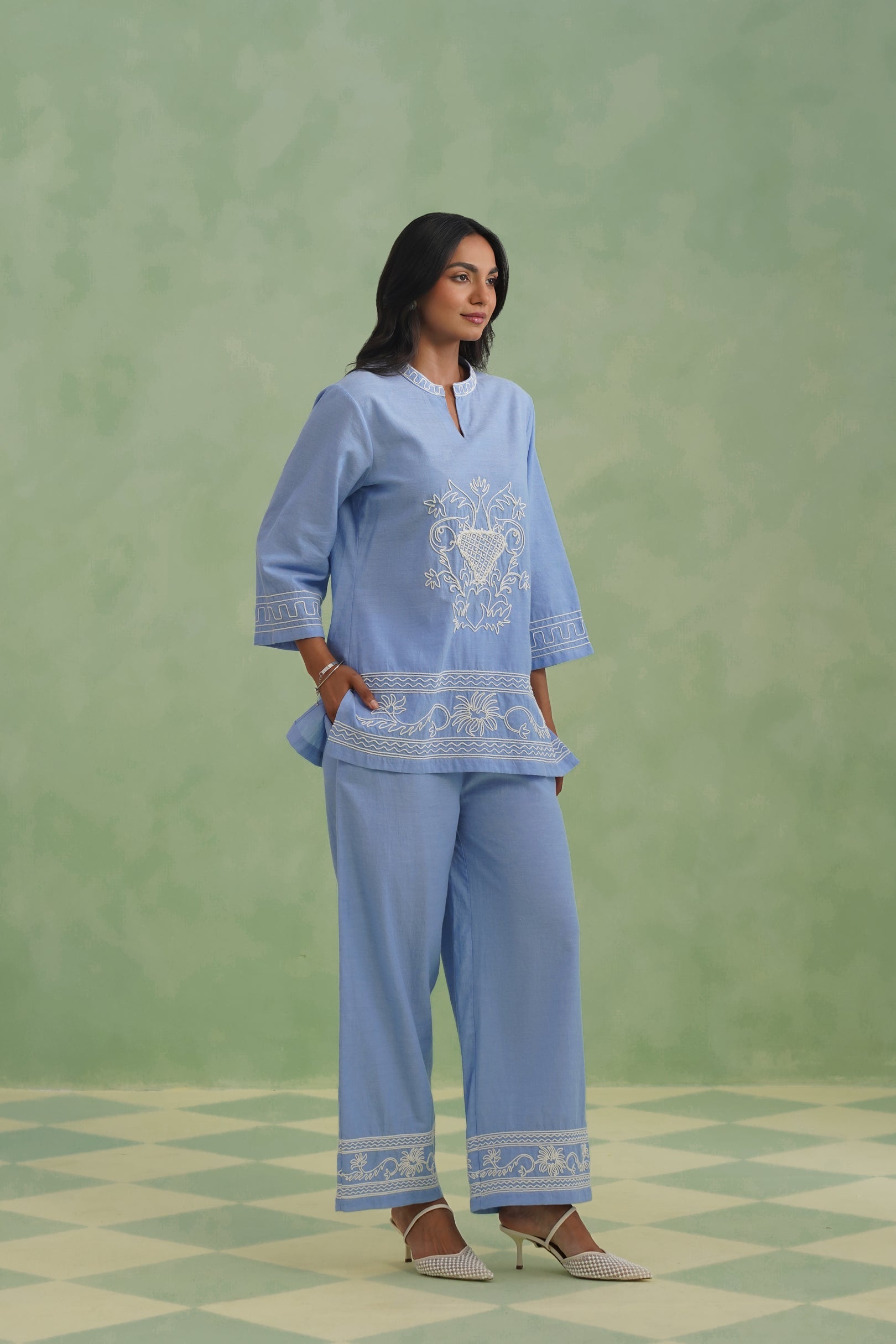 Chambray Embroidered Co-ord Set Korah Stitch