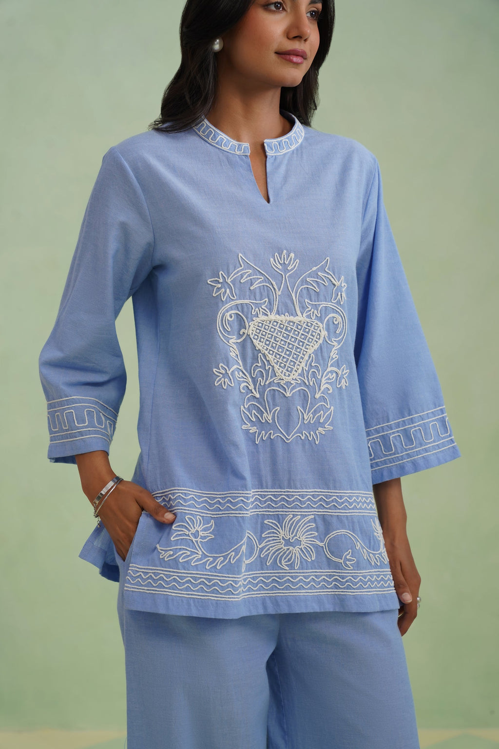 Chambray Embroidered Co-ord Set Korah Stitch