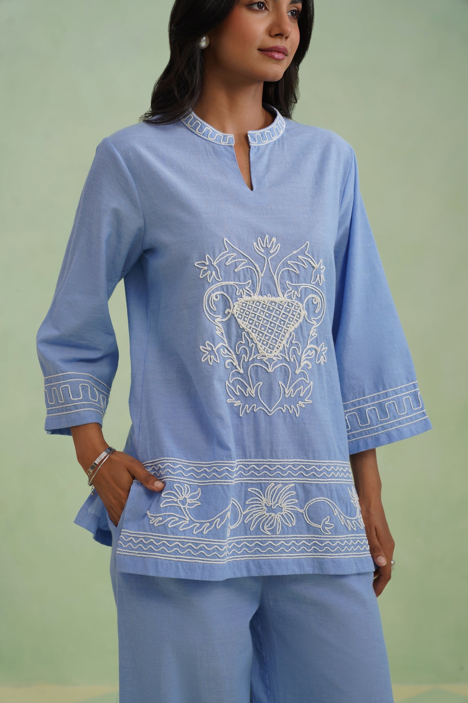 Chambray Embroidered Co-ord Set Korah Stitch