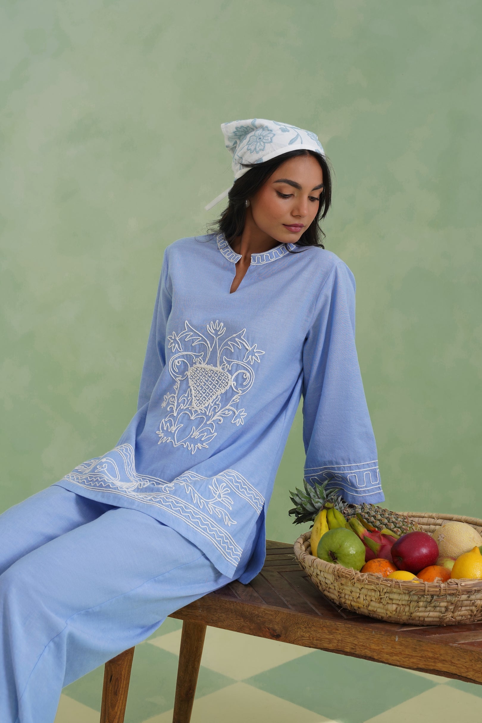Chambray Embroidered Co-ord Set Korah Stitch