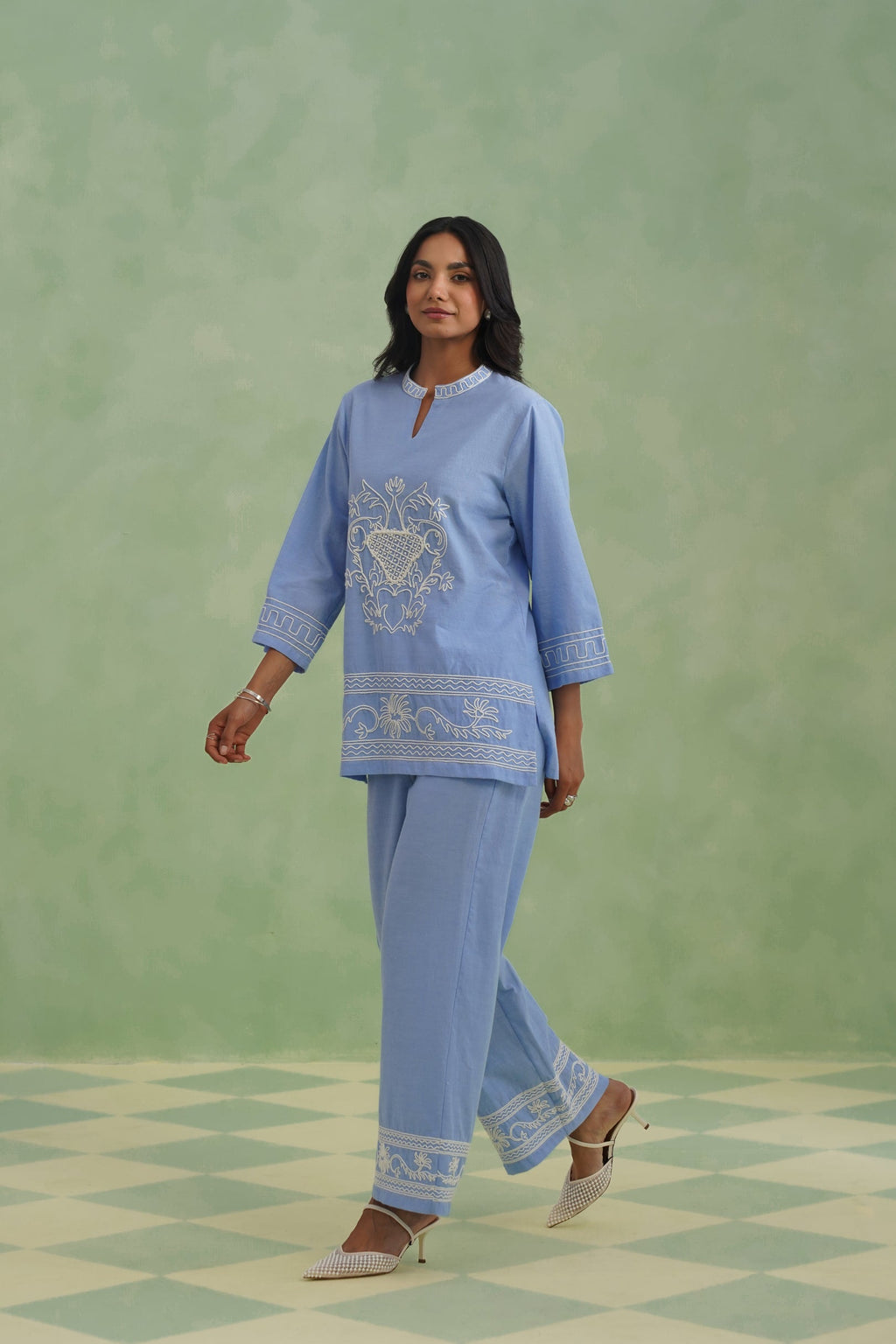 Chambray Embroidered Co-ord Set Korah Stitch