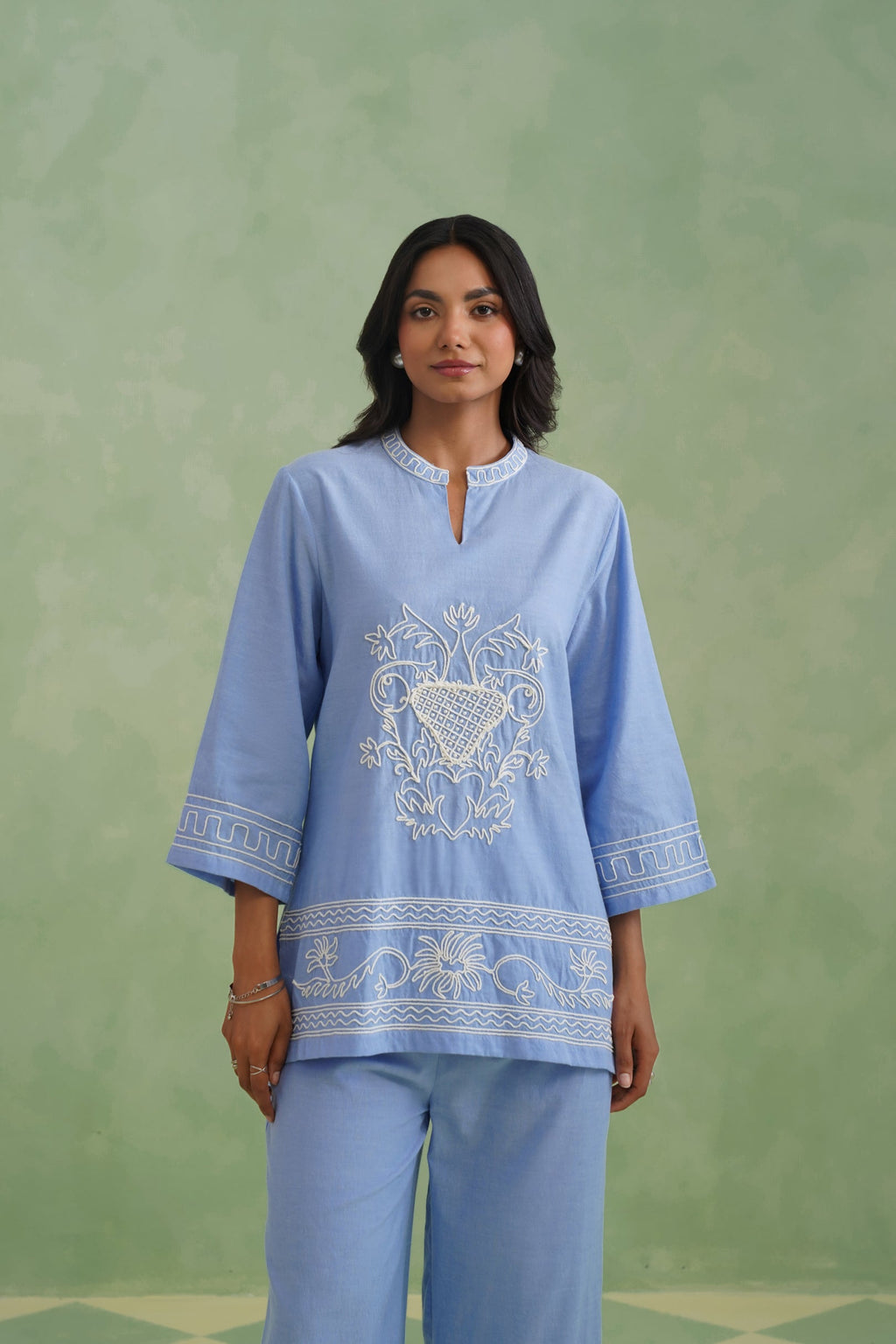 Chambray Embroidered Co-ord Set Korah Stitch