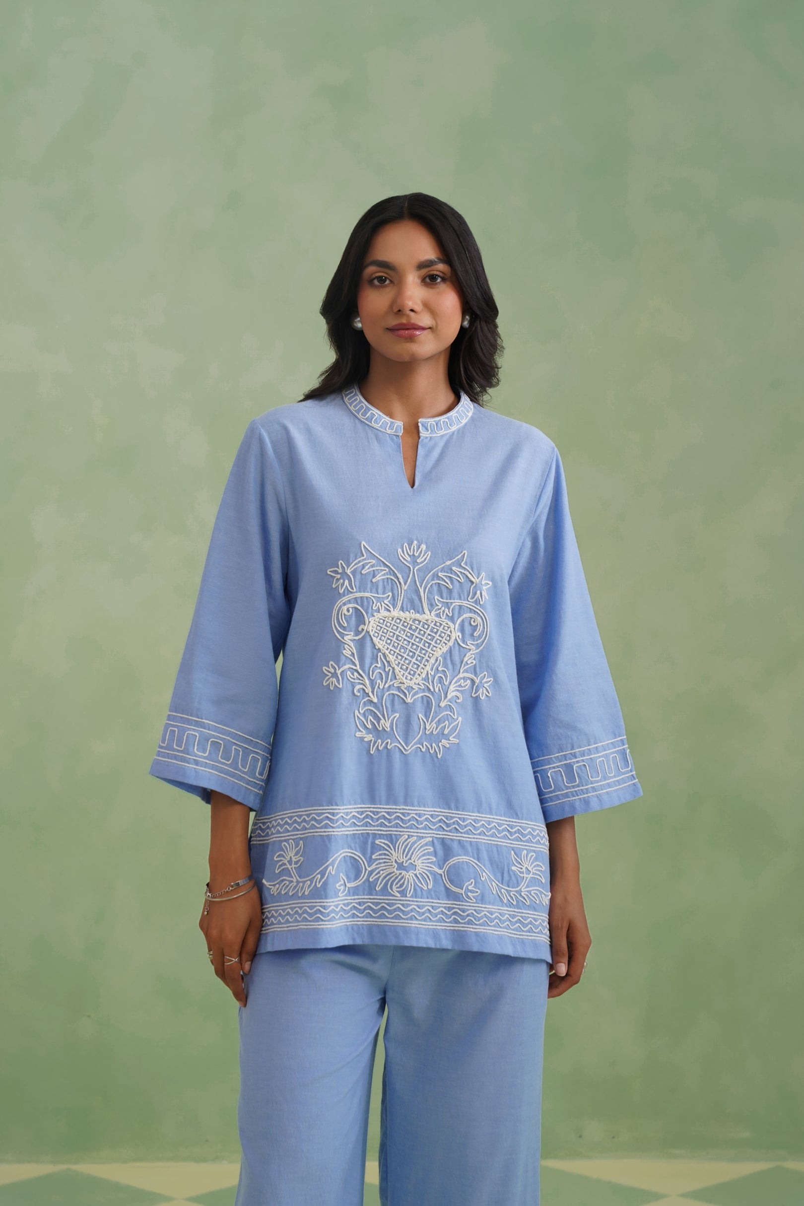 Chambray Embroidered Co-ord Set Korah Stitch