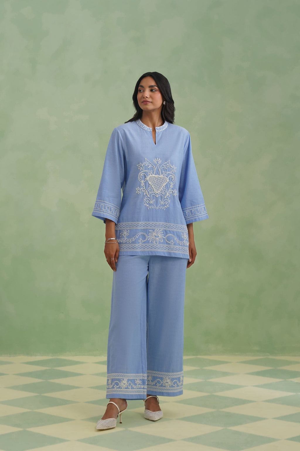 Chambray Embroidered Co-ord Set Korah Stitch