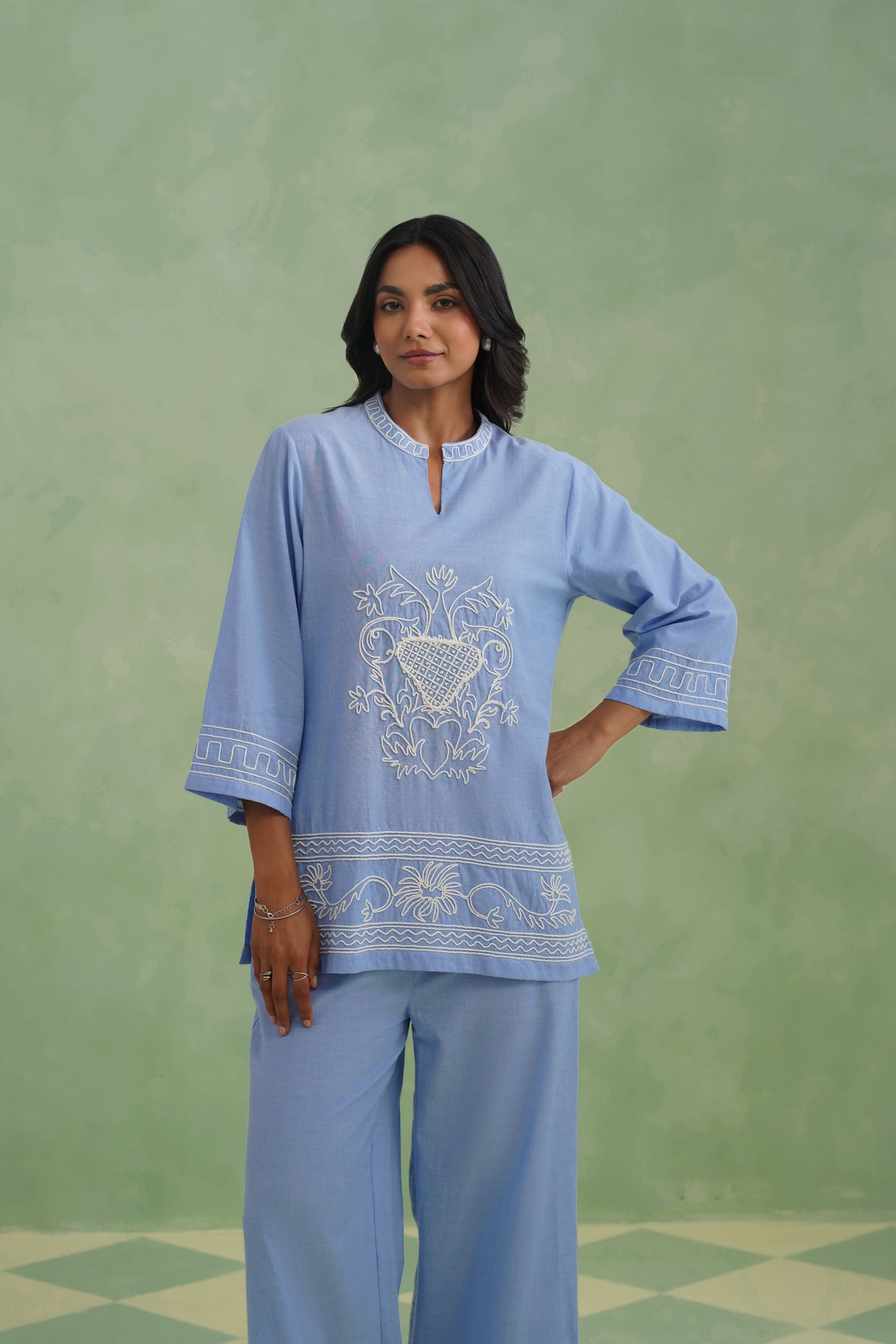 Chambray Embroidered Co-ord Set Korah Stitch