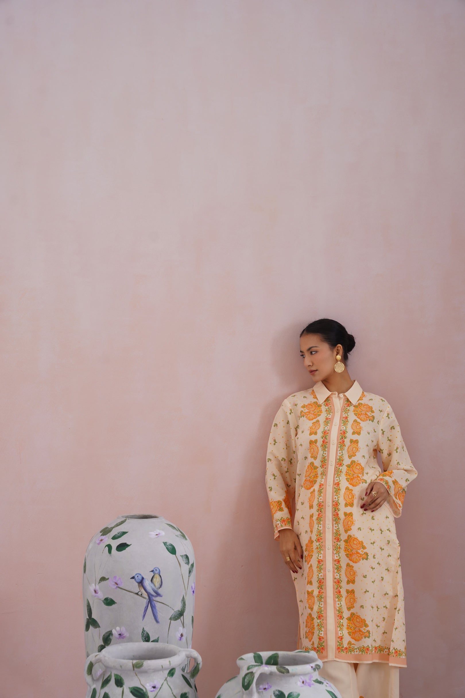 Cream & Orange Floral Digital Placement Printed Kurta Set Korah Stitch