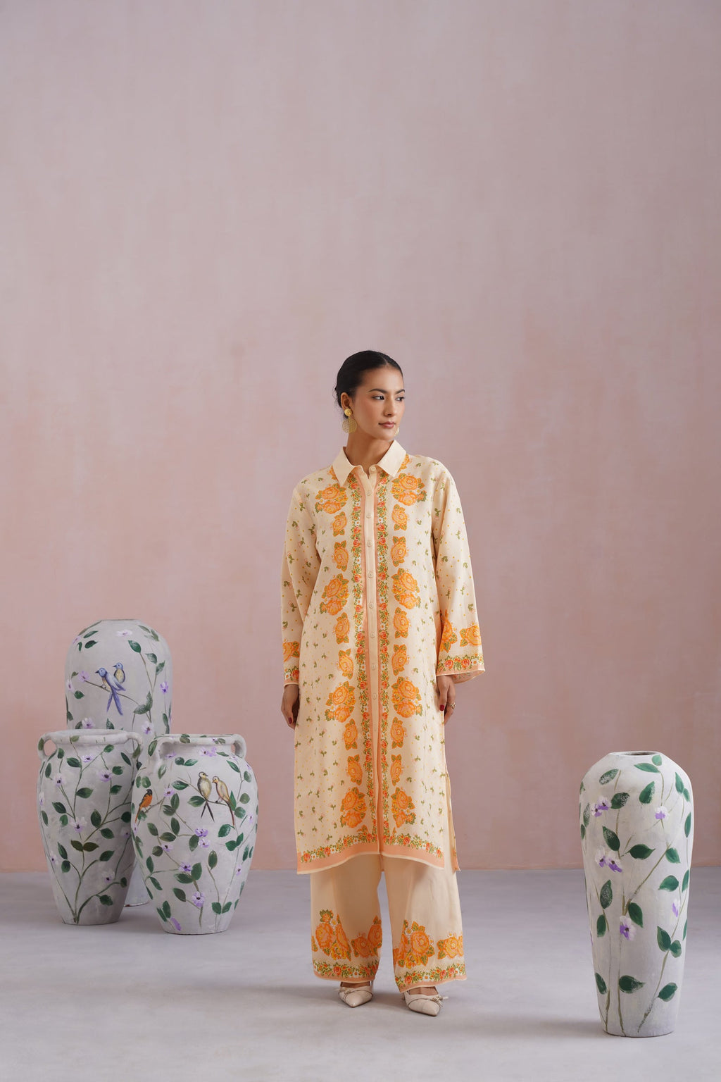 Cream & Orange Floral Digital Placement Printed Kurta Set Korah Stitch